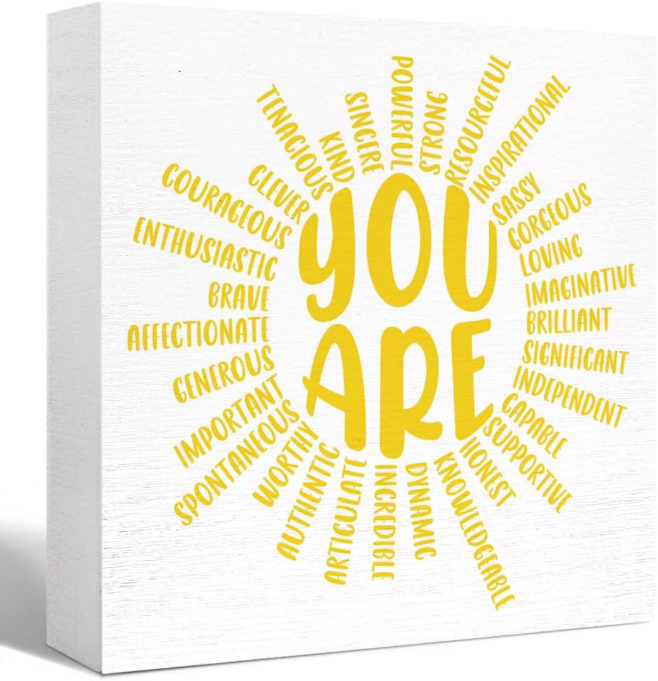 Yellow Sunshine Wood Box Sign You Are Sun Decor Wooden Block Signs Motivational Sign Inspirational Desk Décor for Home Office Bedroom Classroom Table Décor