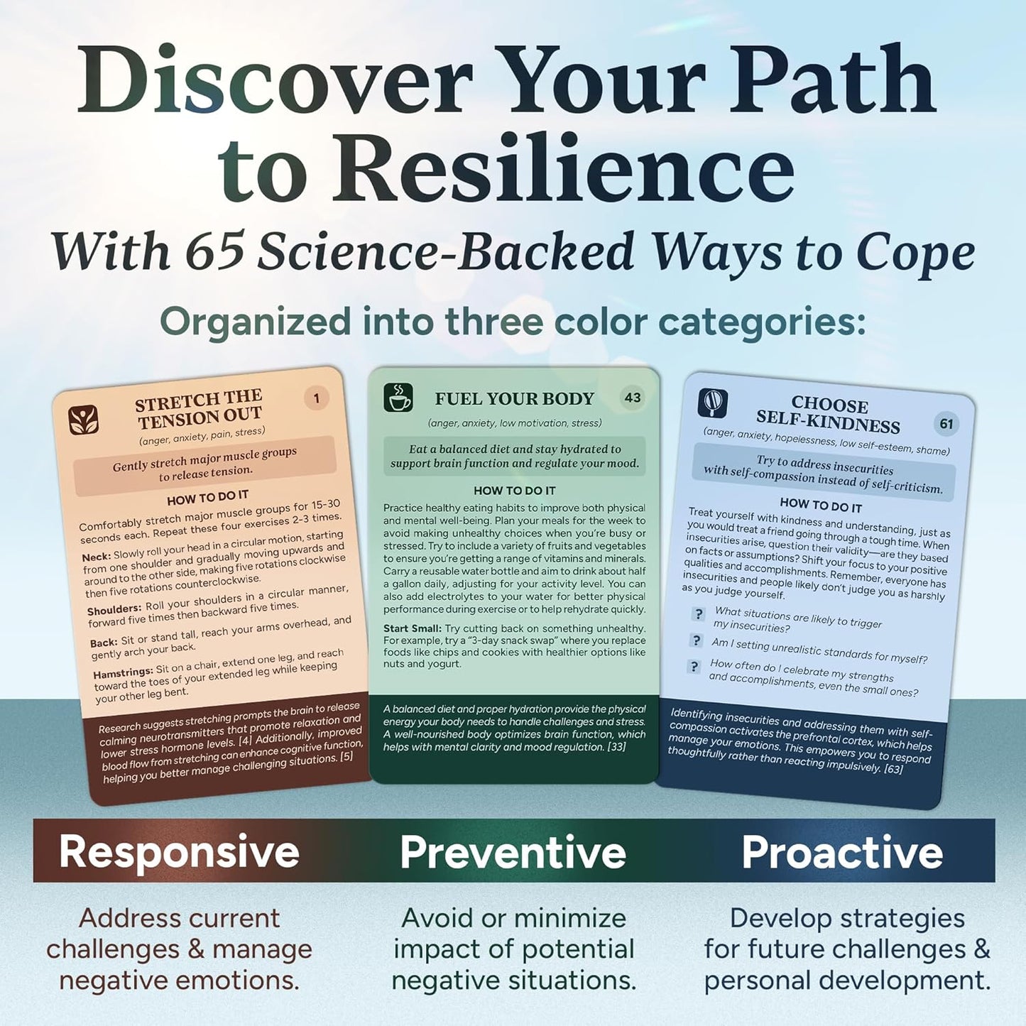 Coping Cards – 65 Skills & Exercises to Cope with Stress, Anxiety, & Anger – 3.5” X 5” Therapy Flashcards with Affirmations and Guidebook – Nurture Emotional Resilience & Mental Health