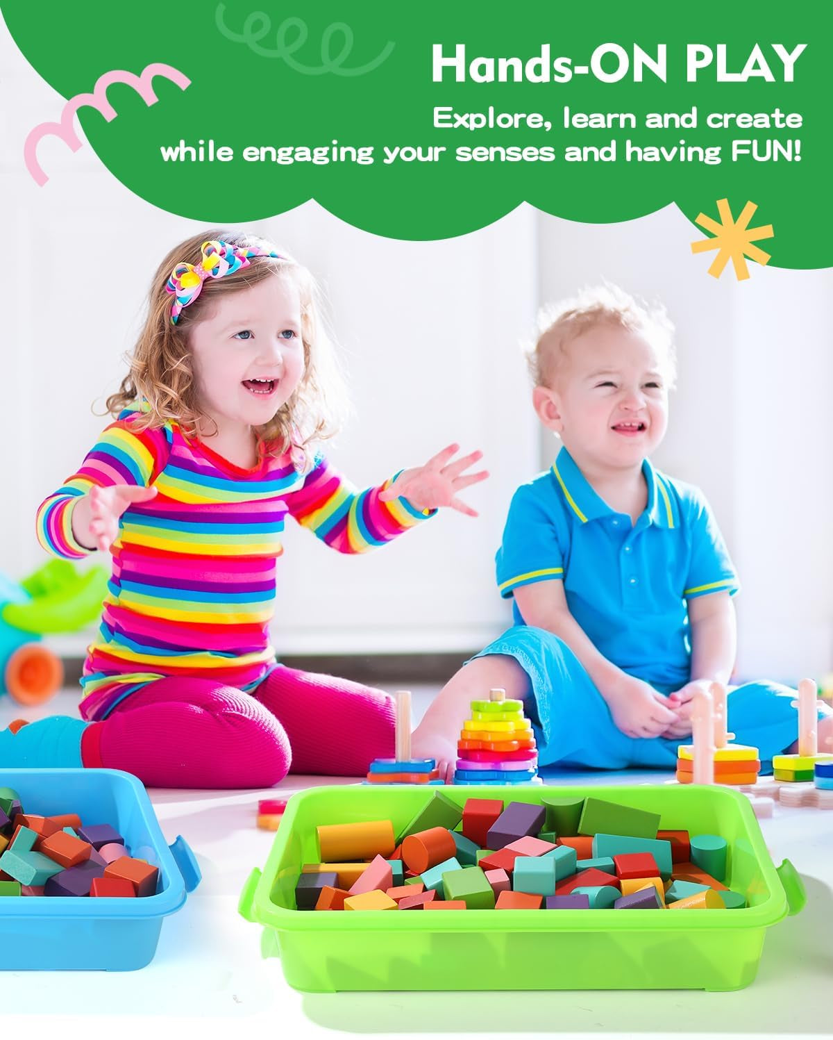 Sensory Bin Sand Tray with Lid for Toddlers 2 Pcs 15In Portable Sandbox Toy Large Plastic Tray for Kids 3 4 5 6 Fill with Sand, Water, Beads, and More (Green+Blue)