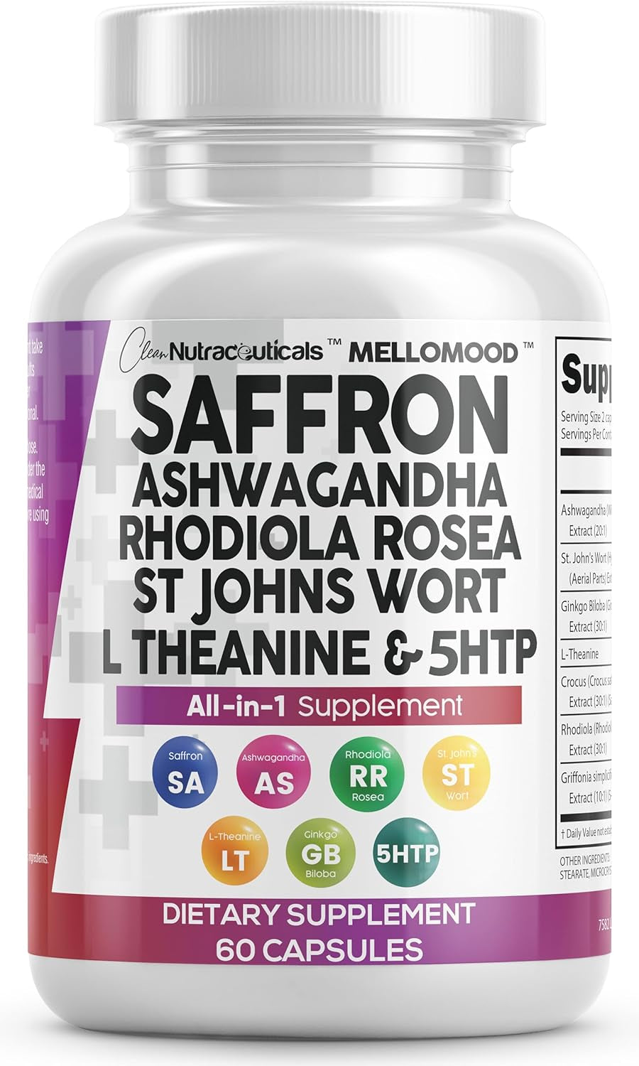 Saffron Supplements Extract 100Mg + Ashwagandha L-Theanine 200Mg - Mood Support Ginkgo Biloba, St. John'S Wort, Rhodiola Rosea & 5-HTP Capsules Pills Men Women