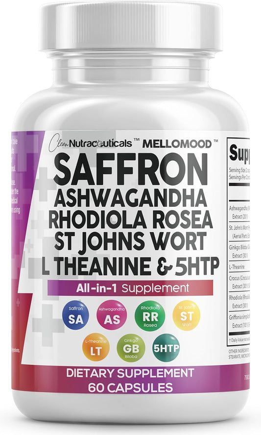 Saffron Supplements Extract 100Mg + Ashwagandha L-Theanine 200Mg - Mood Support Ginkgo Biloba, St. John'S Wort, Rhodiola Rosea & 5-HTP Capsules Pills Men Women