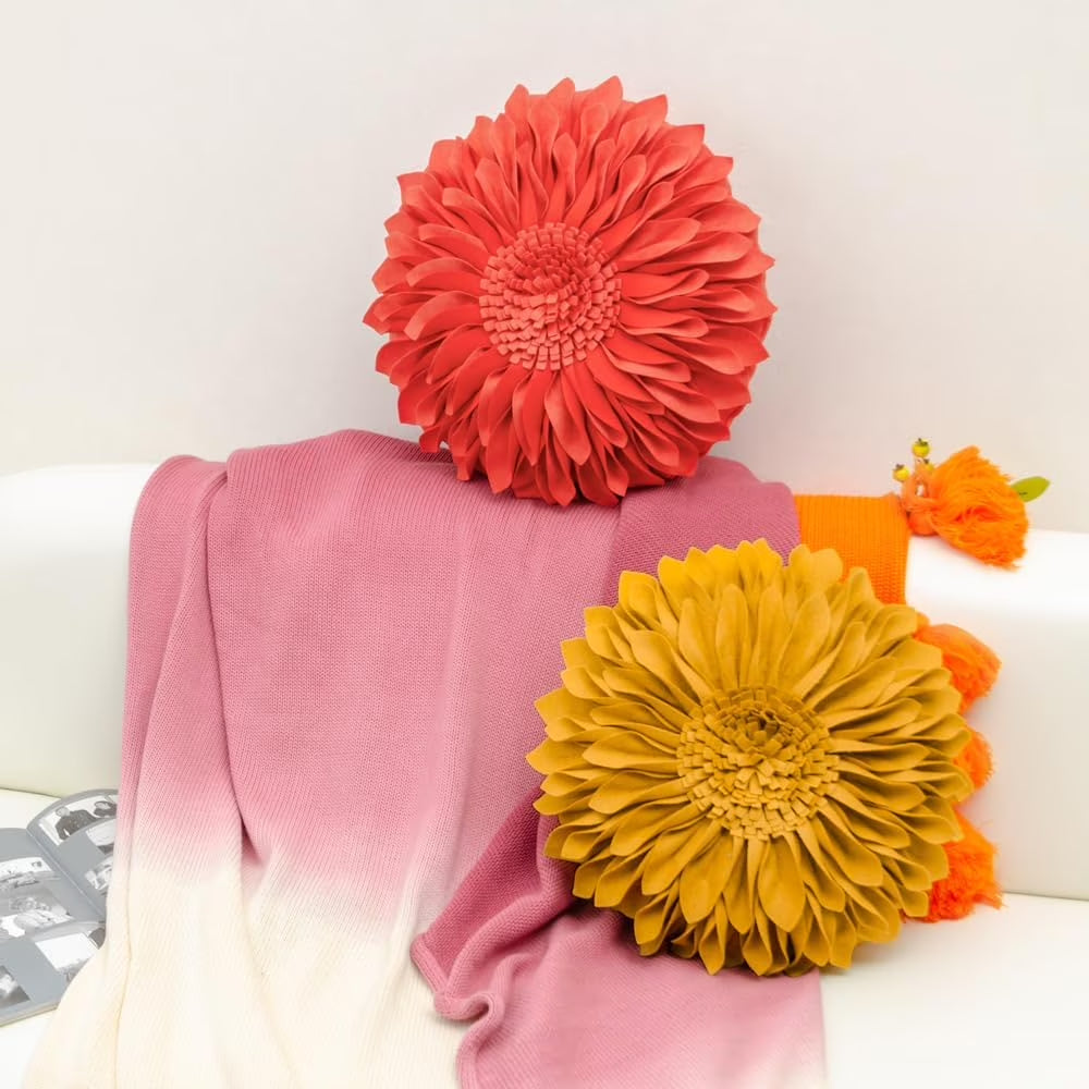 Decorative round Suede Flower Throw Pillows with Insert for Bed Sofa 14 Inch Orange Red