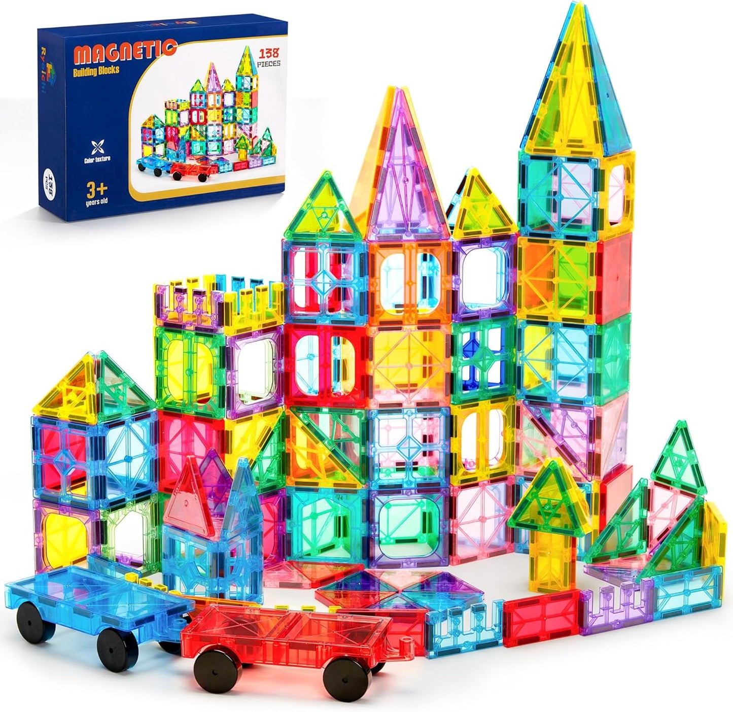 138PCS Magnetic Tiles Set with 2 Cars, STEM Educational Construction Building Blocks & Montessori Learning Toys for Kids Ages 3-9+ Years