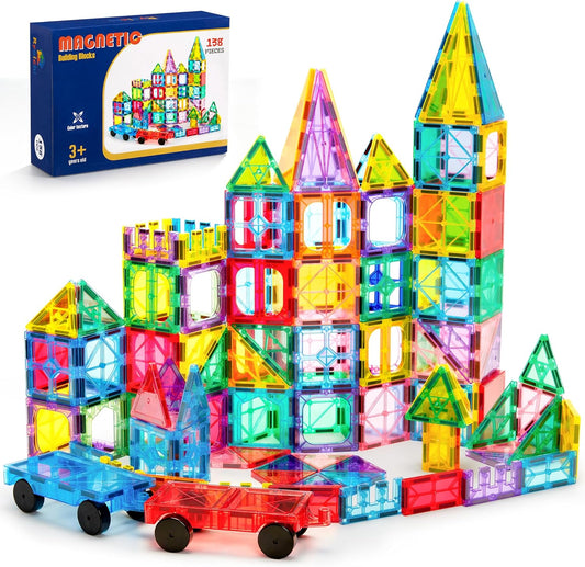 138PCS Magnetic Tiles Set with 2 Cars, STEM Educational Construction Building Blocks & Montessori Learning Toys for Kids Ages 3-9+ Years