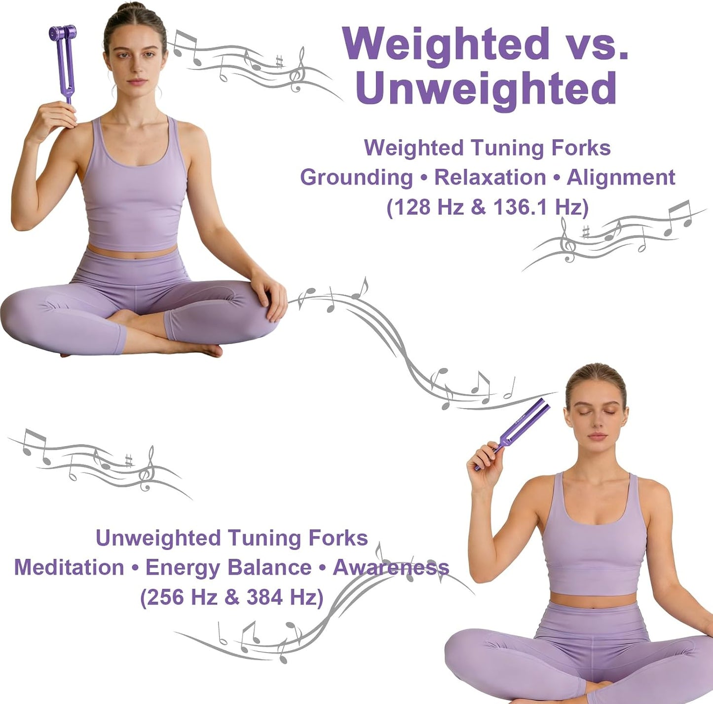 Tuning Forks for Healing Set (128Hz, 136Hz, 256Hz, 384Hz), Purple | Weighted and Unweighted Tuning Fork, Sound Healing for Meditation, Yoga, Chakra Balancing, with Reflex Hammer & Velvet Pouch
