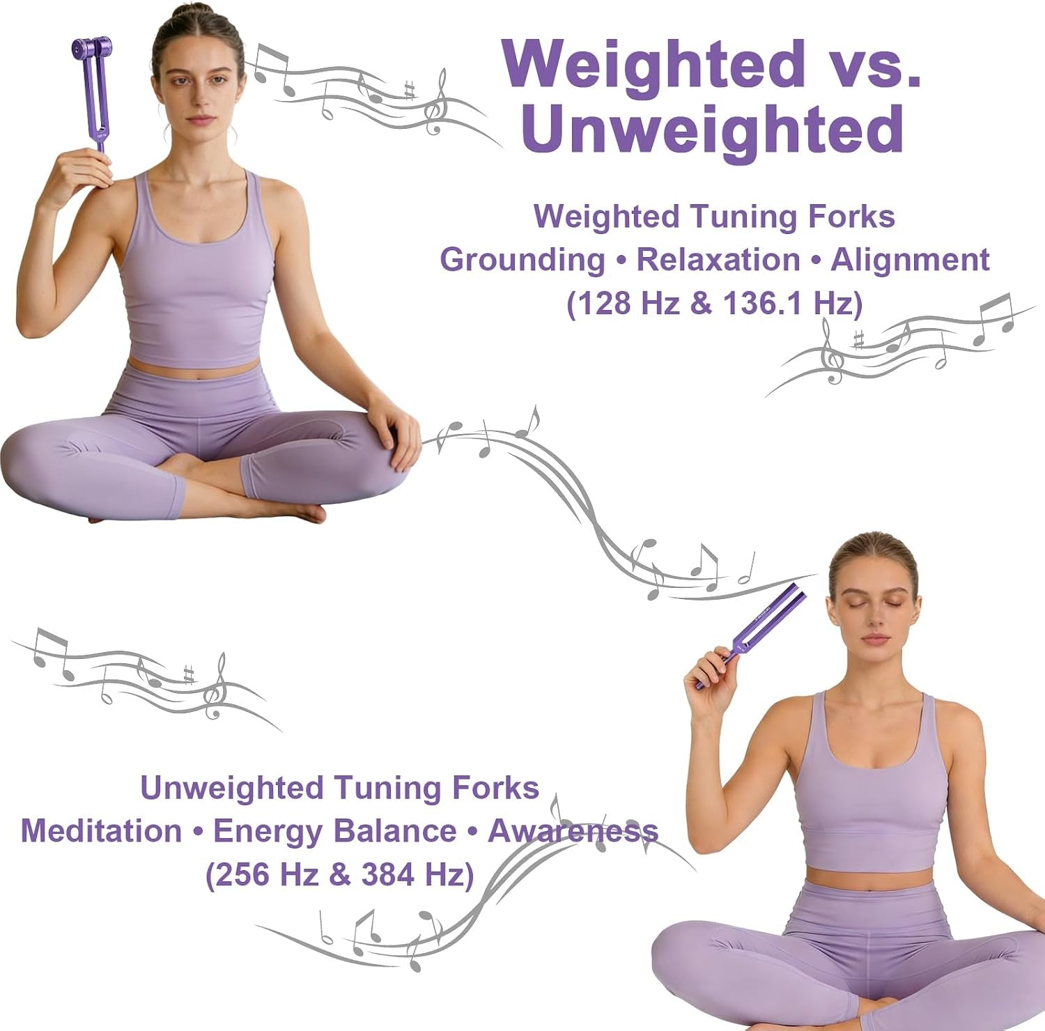 Tuning Forks for Healing Set (128Hz, 136Hz, 256Hz, 384Hz), Purple | Weighted and Unweighted Tuning Fork, Sound Healing for Meditation, Yoga, Chakra Balancing, with Reflex Hammer & Velvet Pouch