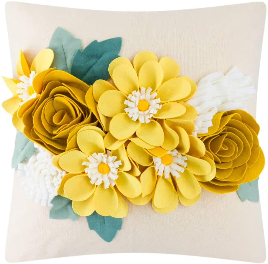 3D Handmade Yellow Decorative Flower Accent Throw Pillow Covers in Square 18X18 Inch