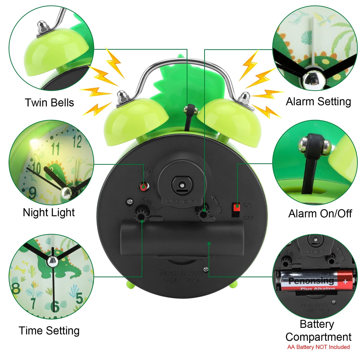 Kids Alarm Clock Cute Dinosaur Unicorn Desk Clock Double Bell Clock with Backlight Alarm Clock for Children Sleep Trainier Gifts