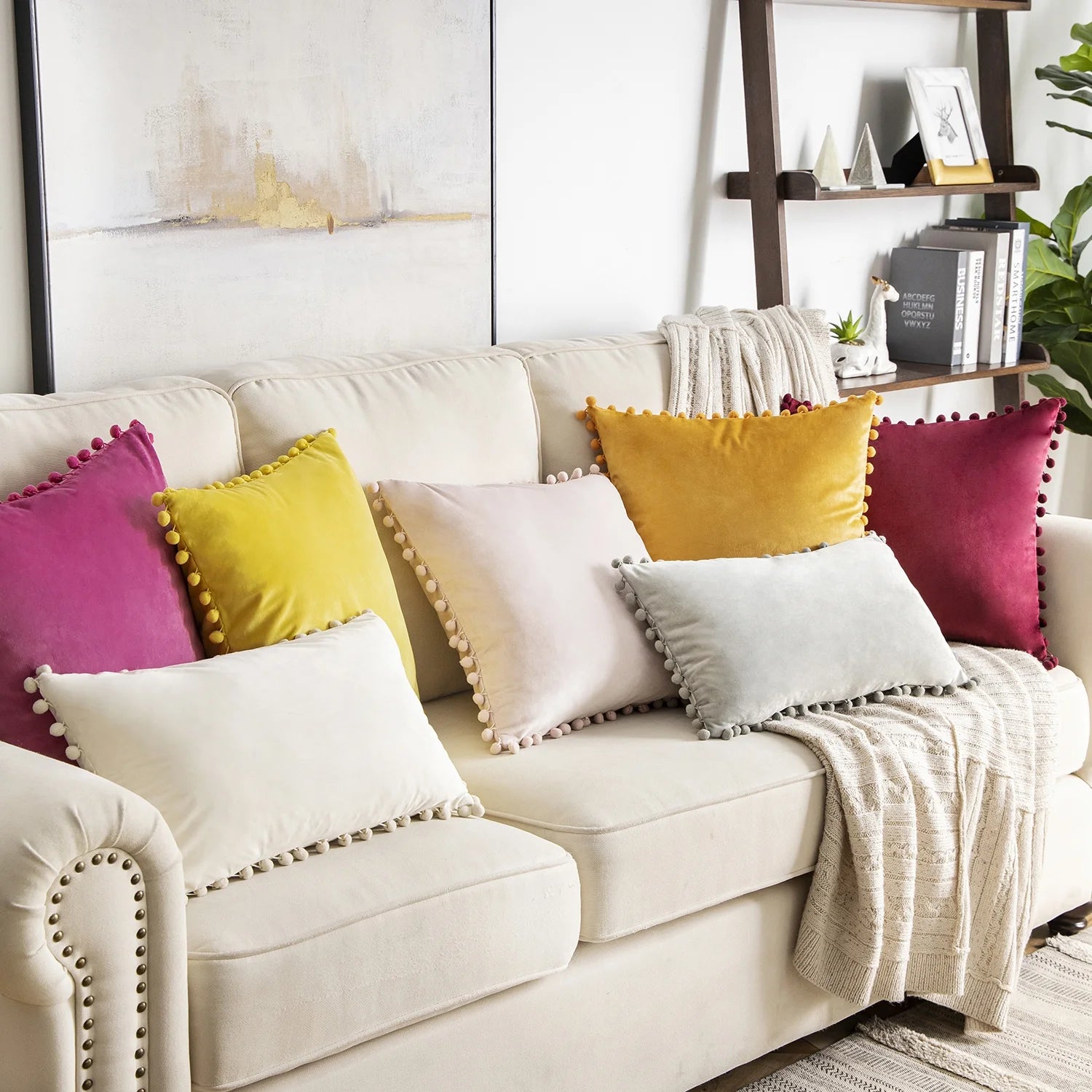 Silky Velvet Series Pom Pom Decorative Throw Pillow with Insert, 18" X 18", Dark Purple, 2 Pack