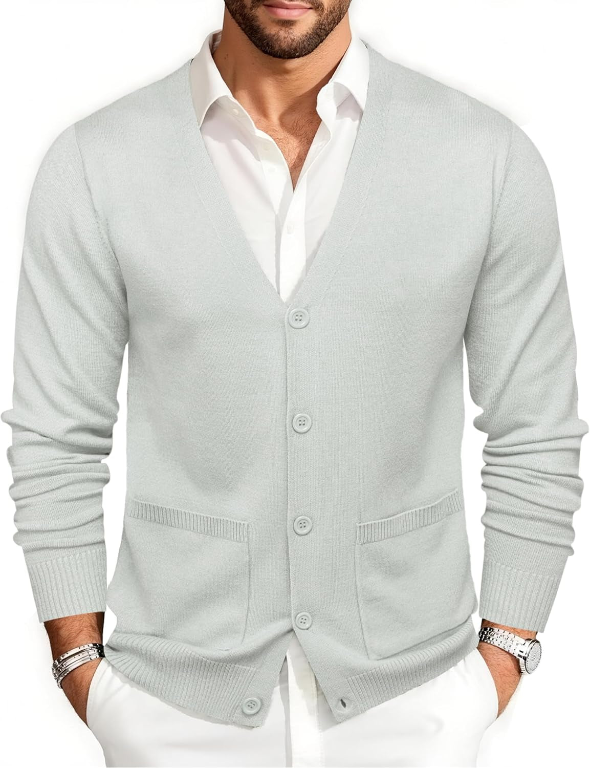 Mens Cardigan Sweater Long Sleeve Casual V Neck Solid Knitwear Cardigans with Pockets Business Weekend