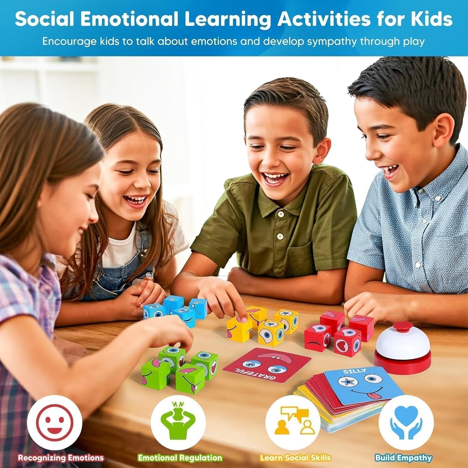 Feelings Cube Game for Kids Social Emotional Learning, W/56 Emotion Cards, Autism Speech Therapy Materials & Activities, School Counselor Office Must Haves, Feeling Toy for Kids
