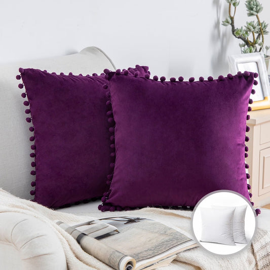 Silky Velvet Series Pom Pom Decorative Throw Pillow with Insert, 18" X 18", Dark Purple, 2 Pack