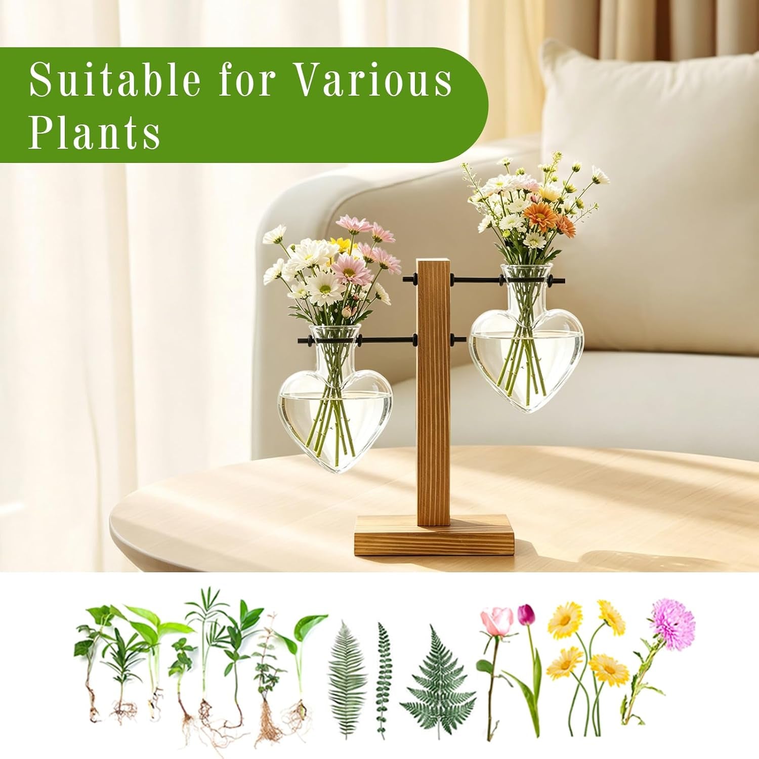 Plant Terrarium Wooden Stand, Hydroponic Planter Bulb Glass Metal Swivel Holder Retro Air Plants Water Plants for Home Office Decoration,Gifts for Plant Lover Wife Mom- 2 Love Bulb Vase
