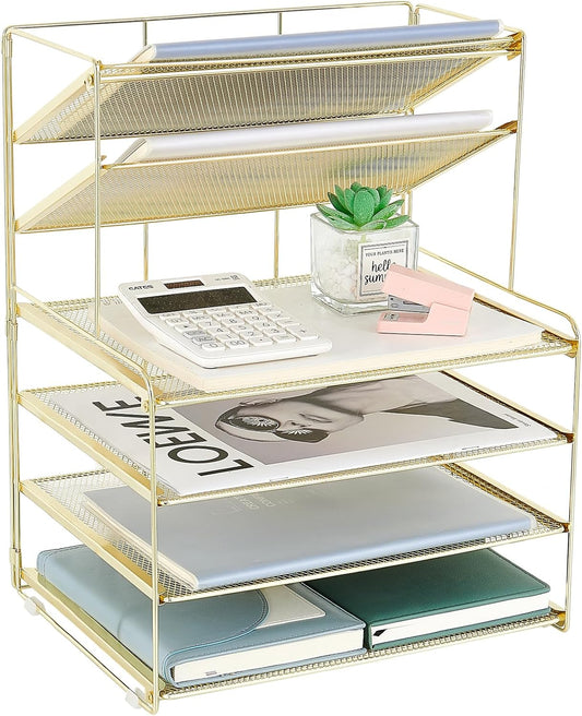 Desk Organizer, 6-Tier Letter Tray Paper Organizer, Desktop File Organizer, Office Desk Accessories & Office Decor for Women, Workspace Organizer for Office Supplies(Gold)