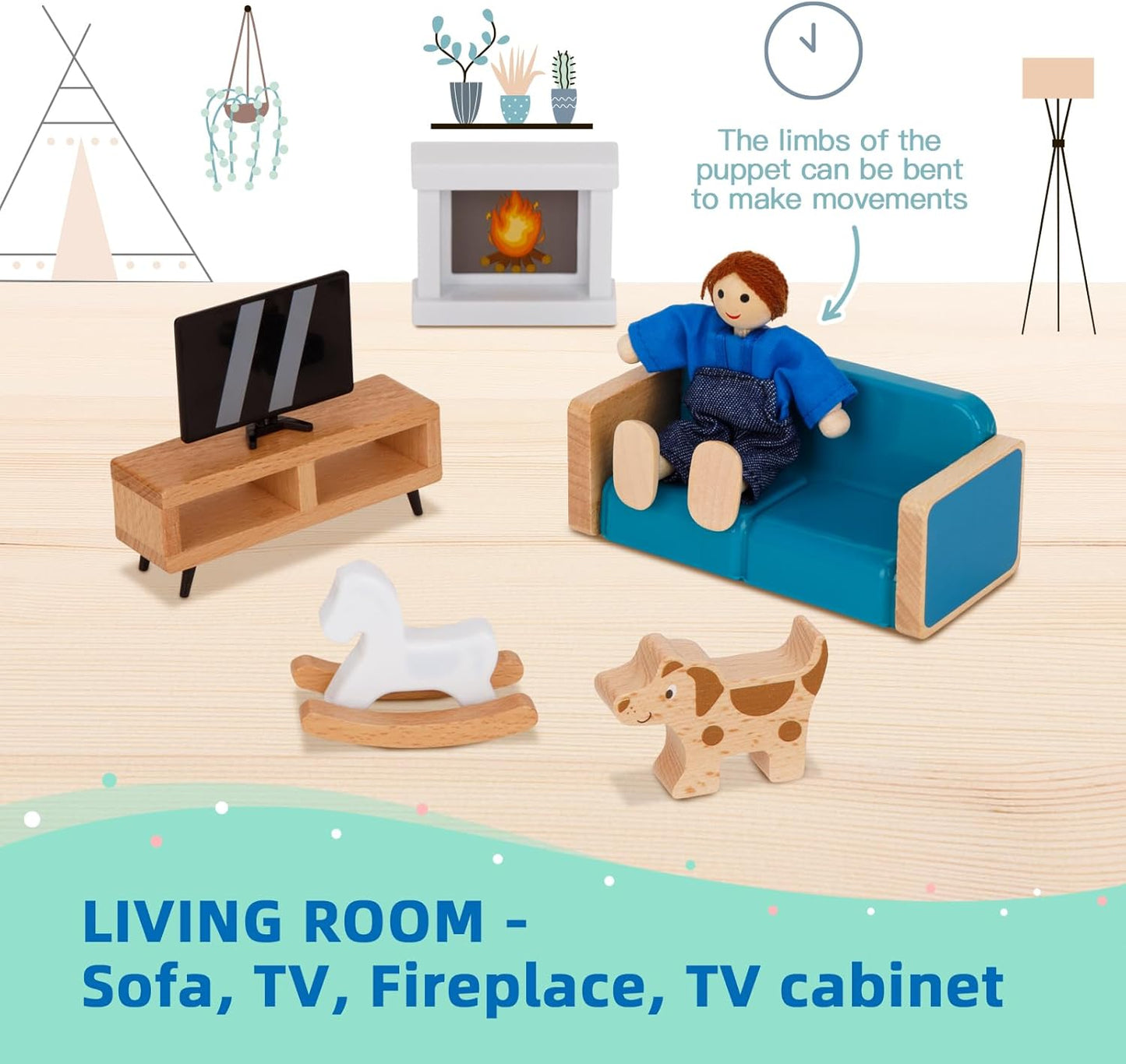 Wooden Dollhouse for Kids, Doll House with Simulated Luxury Furniture Set, Dollhouse Playset for Girls Toddlers (Including 4 Family Dolls and a Dog)