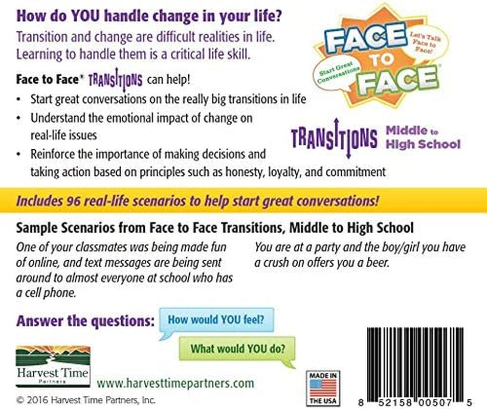 Face to Face Transitions - Middle School to High School Conversation Game, Conversation Starters for Students, Parents, and Teachers, 96 Scenario Cards, Ages 13+