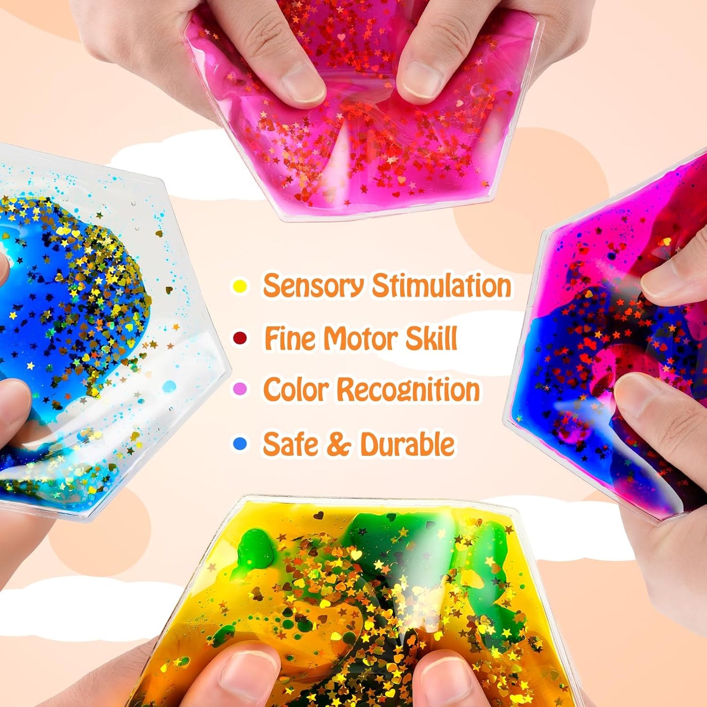 Sensory Soft Gel Liquid Toys - Hexagon Sensory Motion Fidget for Autism Kids, Stress Relief & Focus, Home School Therapy Travel Toys (6 Pack)