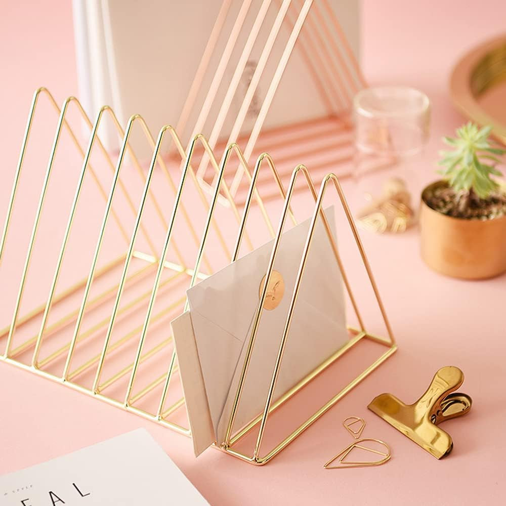 9 Slot Rose Gold Magazine Holder,Desktop File Sorter Organizer Triangle Bookshelf Decor Home Office