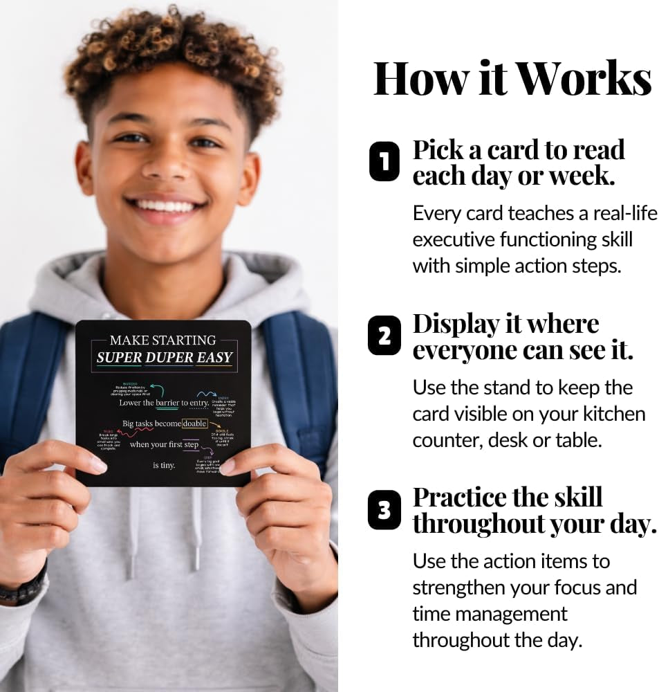 Executive Functioning Mindset Cards – 52 Daily Habit Cards for Focus, Organization & Follow through – for Kids, Teens & Adults – Includes Wooden Display Stand – Gift for Teachers & Parents