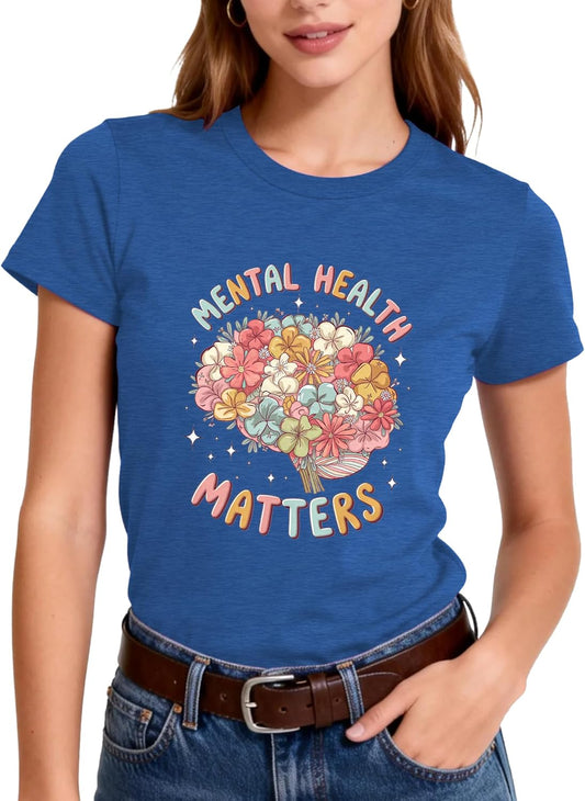 Mental Health Awareness Shirt Women-Brain Flower Tshirt Women Neuro Diversity Tee Tops Motivational Short Sleeve