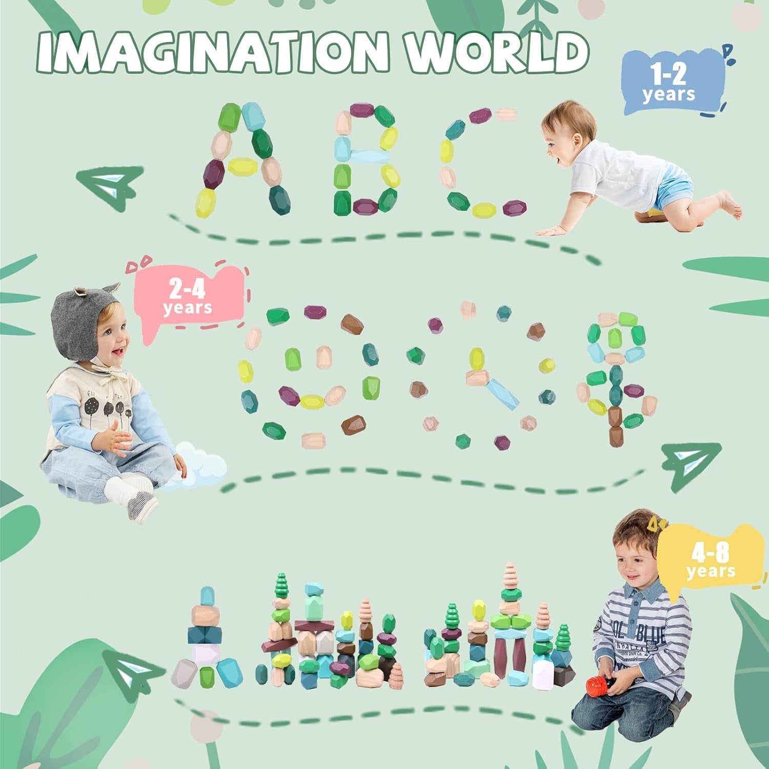 40 PCS Wooden Stacking Rocks Building Blocks Forest Theme, Sensory Learning Montessori Toys for 3 4 5 Year Old Kids, Preschool Educational STEM Toys Toddler Games Birthday Gifts for Girls Boys
