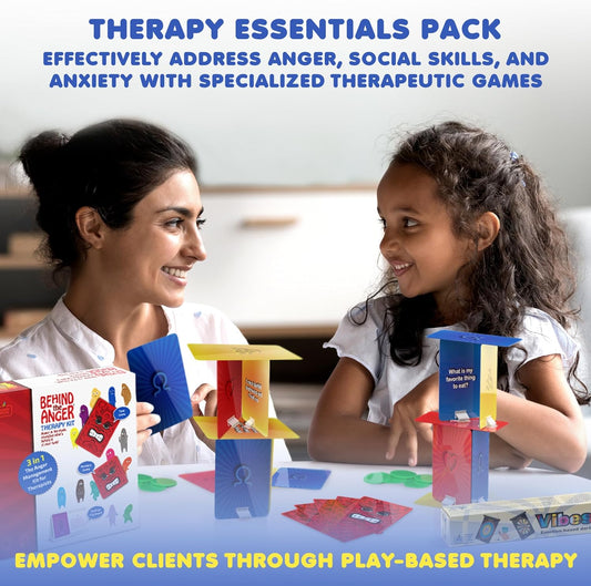 Therapy Essentials Pack | Therapy Games for Kids & Teens | CBT Counseling Tools for Therapists, Counselors & Teachers, behind the Anger Kit, & Vibes Emotional Dartboard
