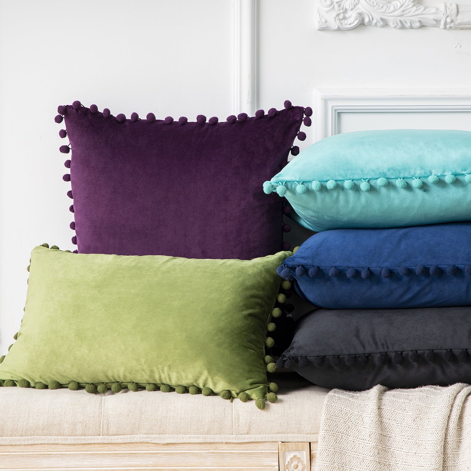 Velvet Series Pom Pom Square Decorative Throw Pillow, 20" X 20", Turquoise, 1 Pack