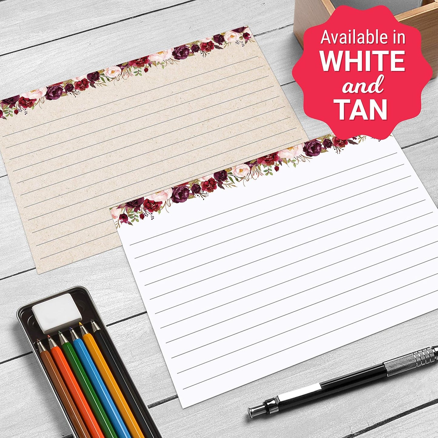 Ruled Note Cards, Floral 4X6 Thick Index Cards - Plain White Card Stock, Notecards & Stationery with Lines for Writing, Stamping - Made in USA, Set of 50 - No Envelopes