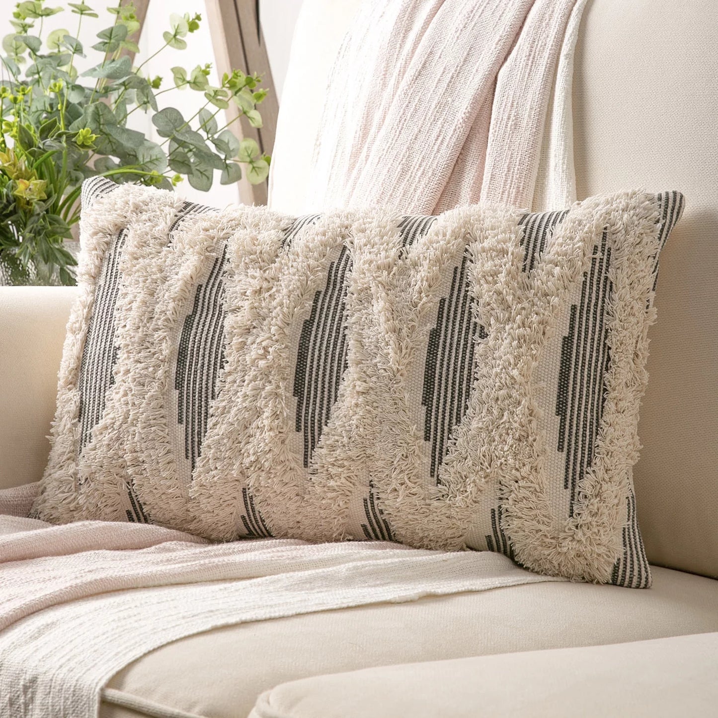Boho Woven Cross Tufted Series Decorative Throw Pillow, 12" X 20", Gray/Beige, 1 Pack