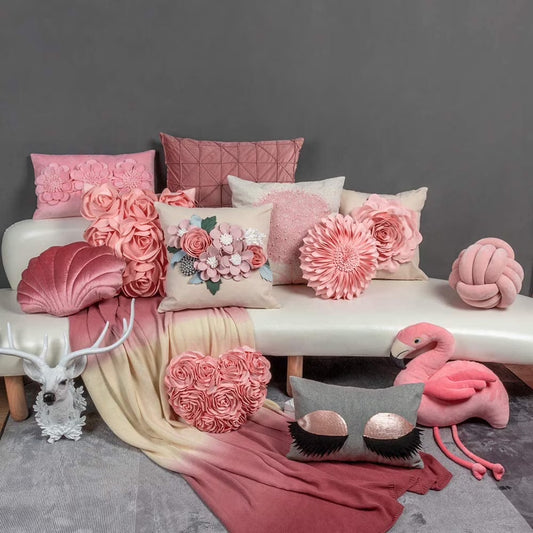 3D Handmade Square Flower Throw Pillow Cases for Room Sofa Bedding Couch Decoration 18X18Inch Pink No Insert