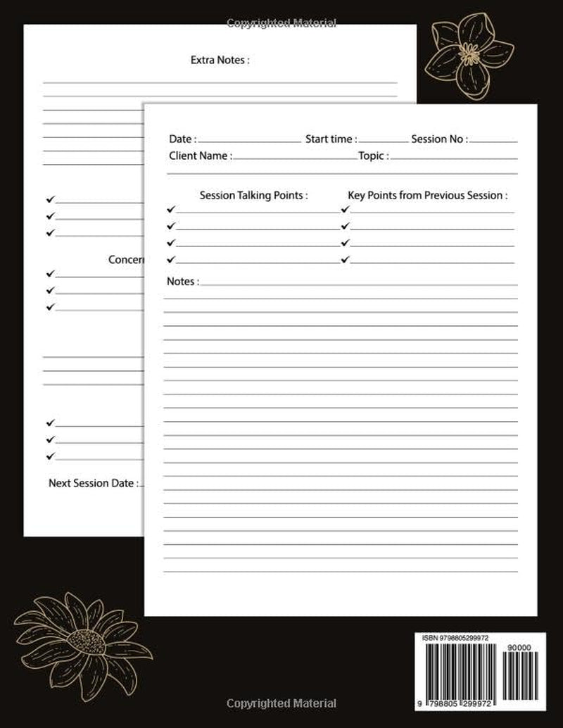 Session Notes Notebook for Therapist Counselors Coaches and Social Worker, Customized Log Book to Record Client Problems, Progress, Plans for Psychotherapists | Flower Cover Design