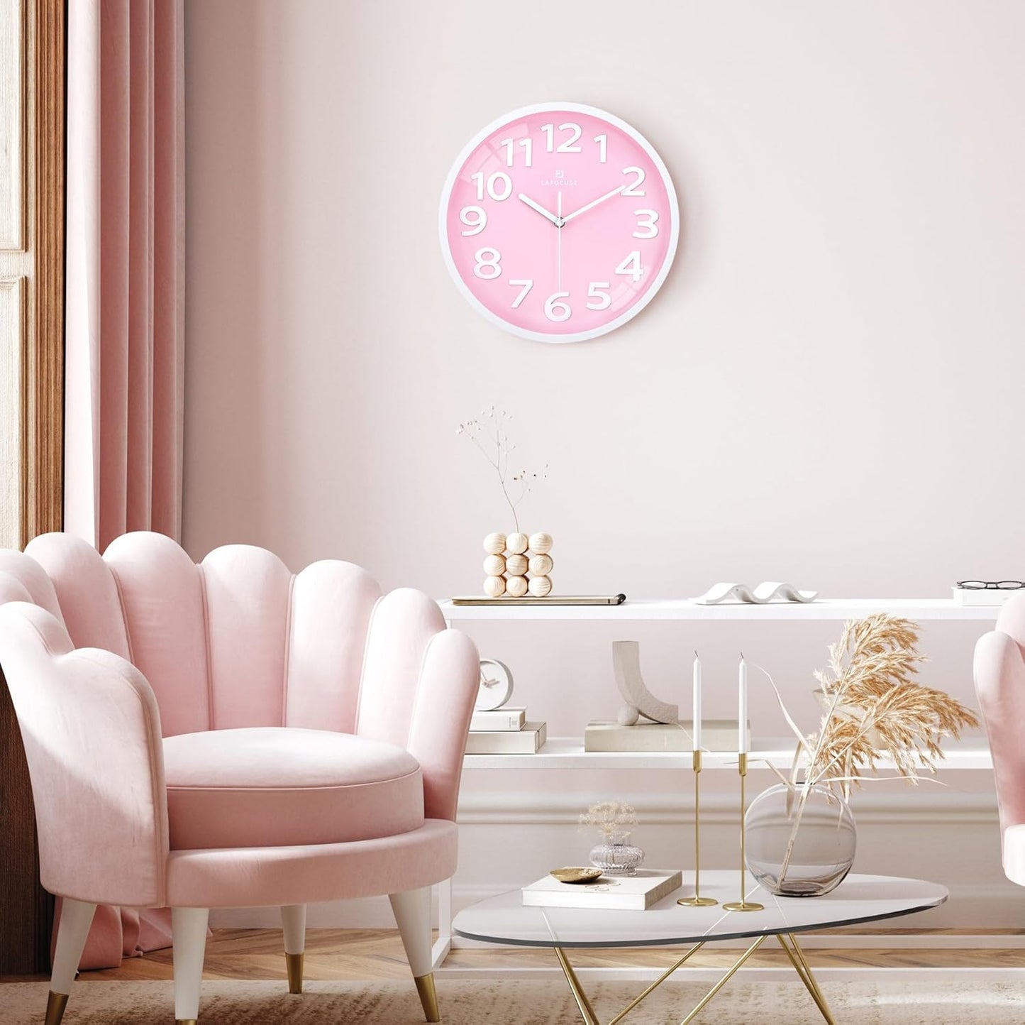 12 Inch Silent 3D Numbers Pink Wall Clock Girls Bedroom, Battery Operated Pink Clock Wall for Living Room Decor