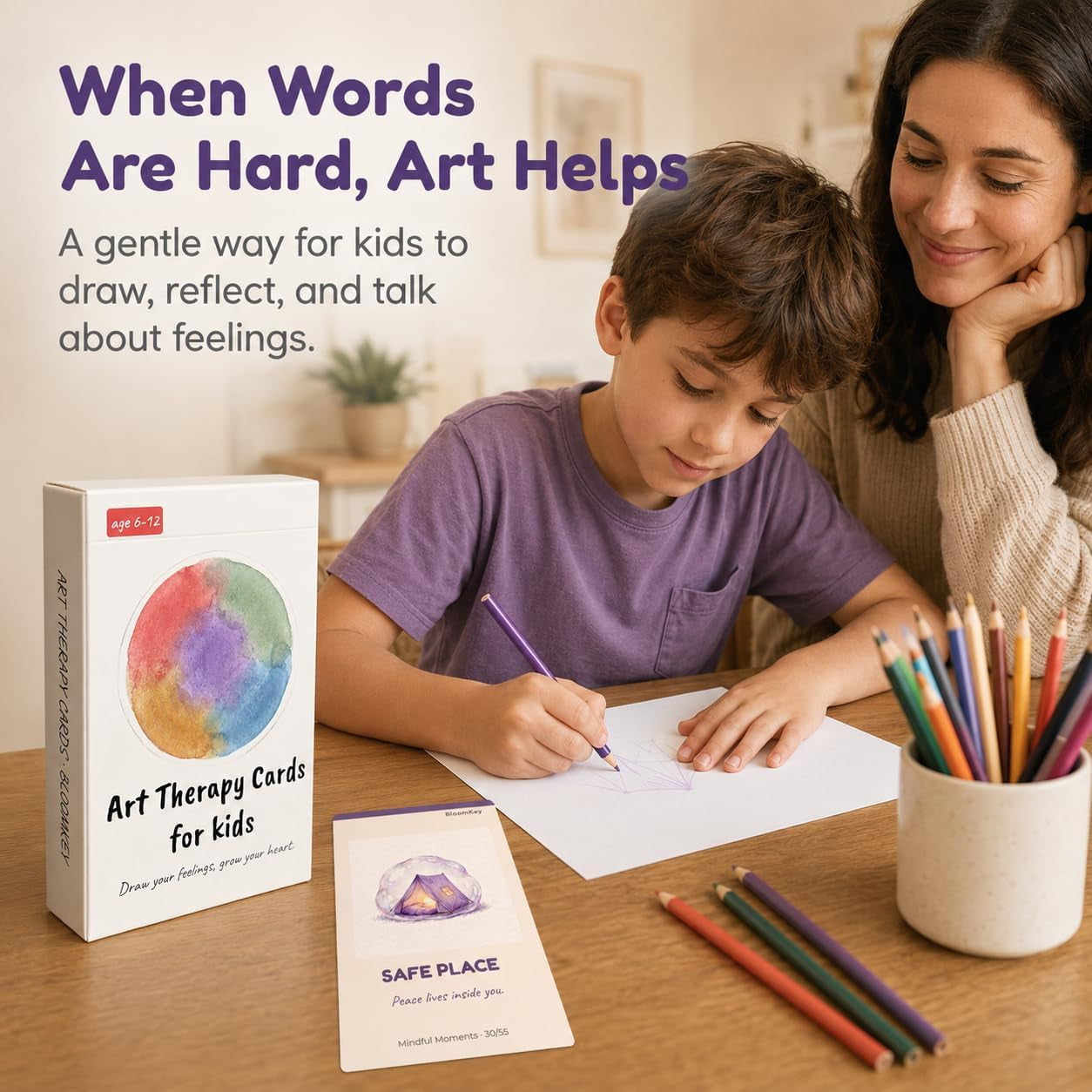 Art Therapy Cards for Kids Ages 6-12 - 52 Emotion & Mindfulness Cards with Creative Drawing Prompts | Social Emotional Learning SEL Tool for Anxiety, Self-Esteem & Coping Skills