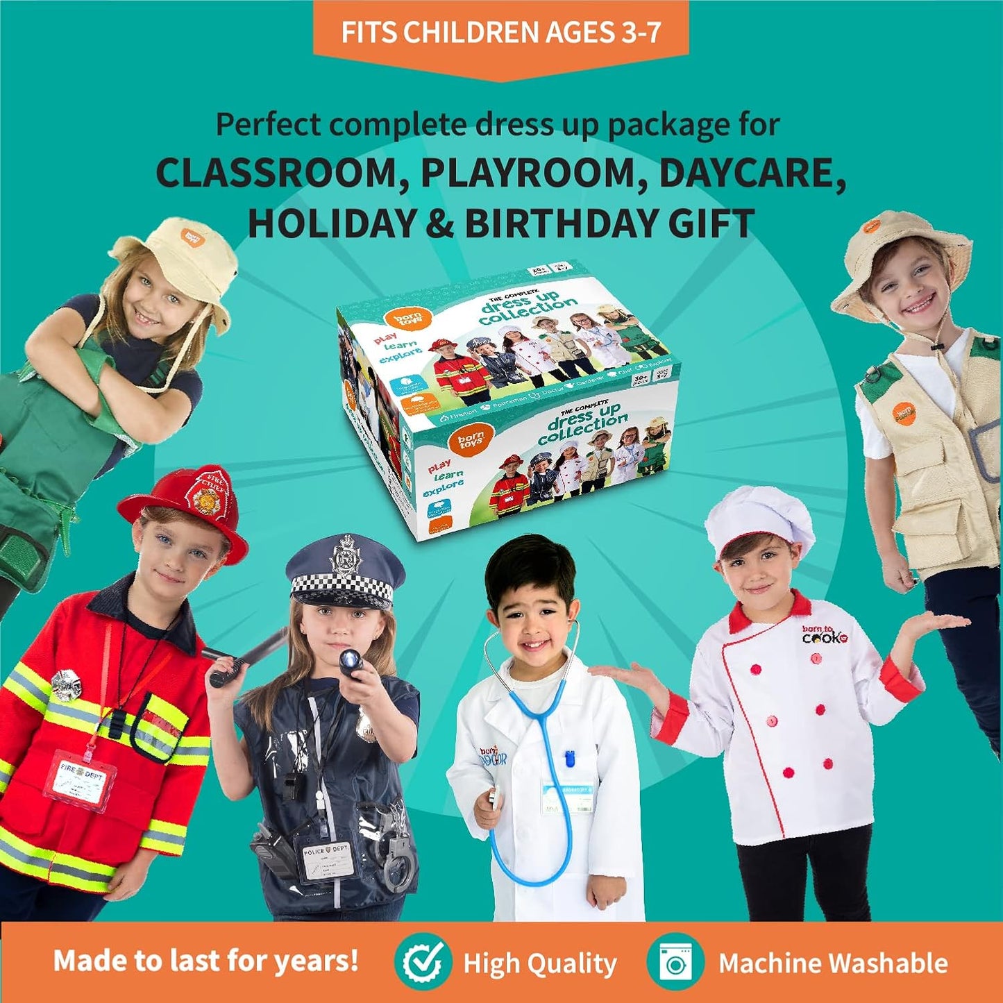 6-In-1 Toddler Dress up Clothes for Boys & Girls Ages 3-7, Police, Firefighter, Doctor, Chef, Gardener & Explorer with Storage Box, Washable Pretend Play Costumes for Kids, Gift Ready Set