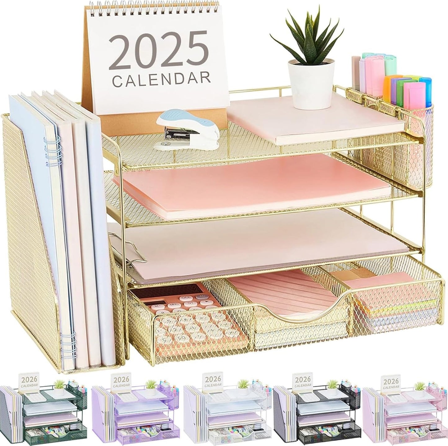 Desk Organizers and Accessories with File Holder, 4-Tier Desk Accessories & Workspace Organizers with Drawer and 2 Pen Holder, Paper Organizer for Office Supplies (Rose Gold)