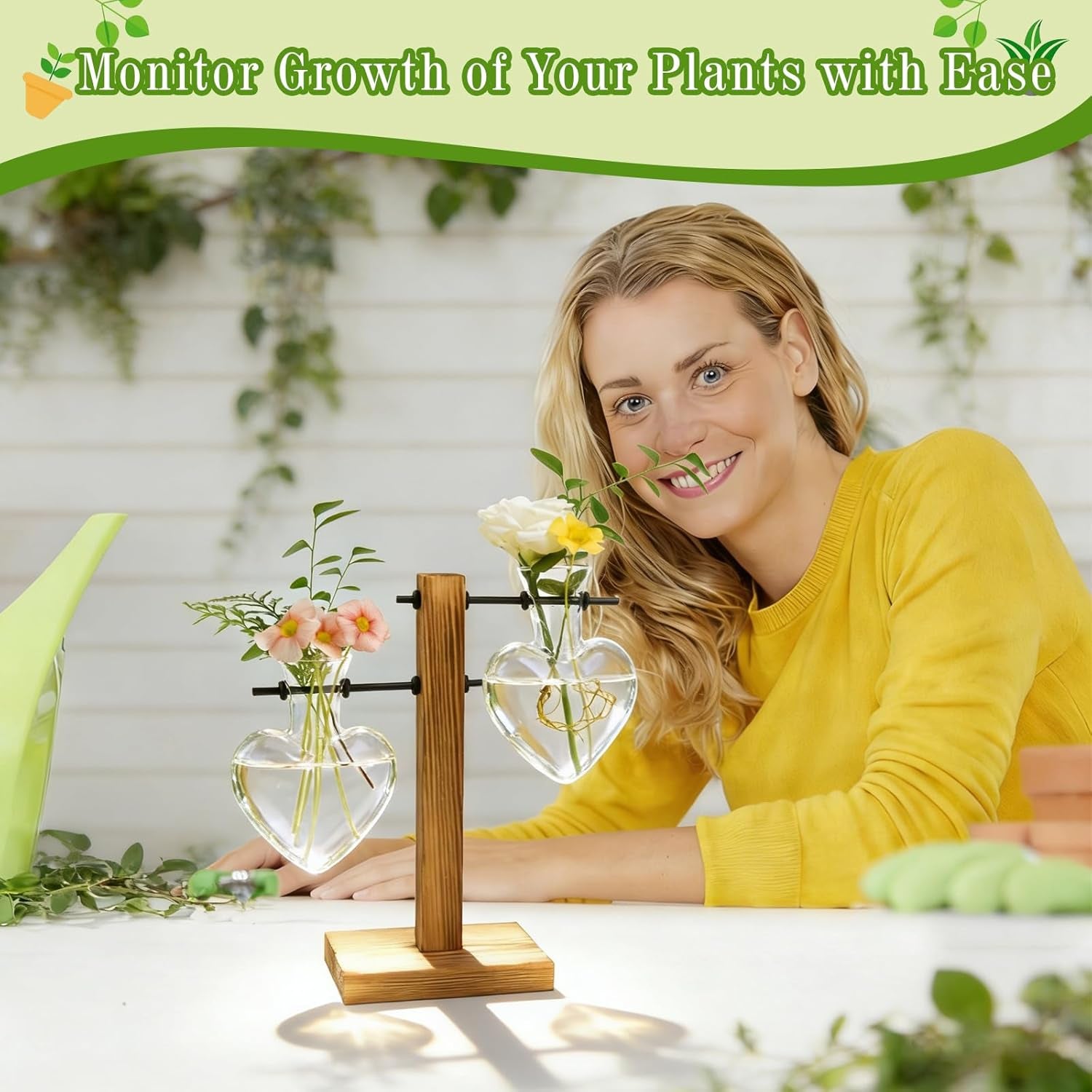 Plant Terrarium Wooden Stand, Hydroponic Planter Bulb Glass Metal Swivel Holder Retro Air Plants Water Plants for Home Office Decoration,Gifts for Plant Lover Wife Mom- 2 Love Bulb Vase