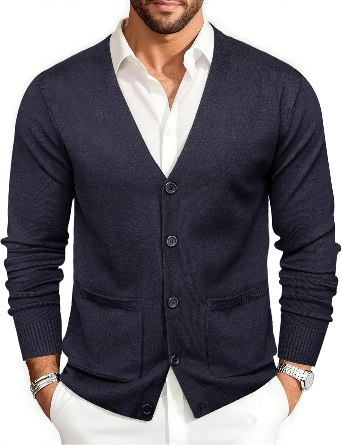 Mens Cardigan Sweater Long Sleeve Casual V Neck Solid Knitwear Cardigans with Pockets Business Weekend