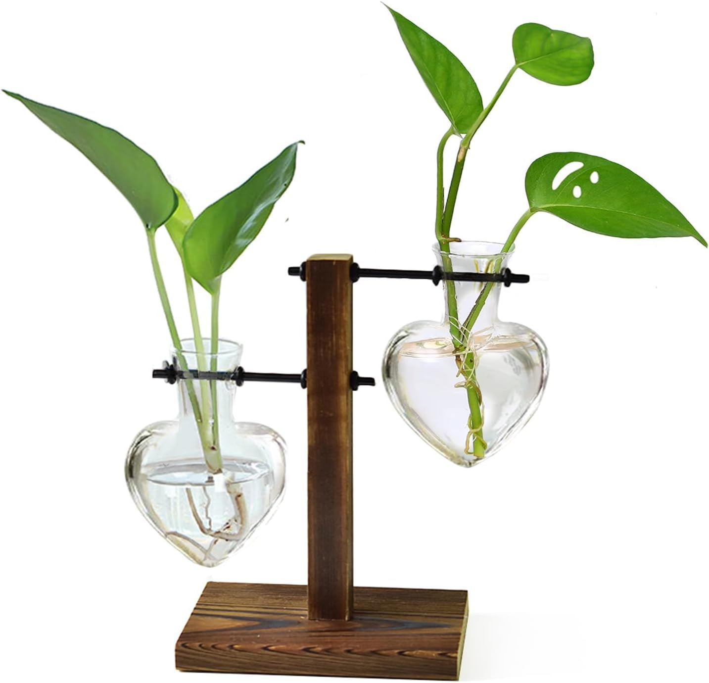 Plant Terrarium Wooden Stand, Hydroponic Planter Bulb Glass Metal Swivel Holder Retro Air Plants Water Plants for Home Office Decoration,Gifts for Plant Lover Wife Mom- 2 Love Bulb Vase