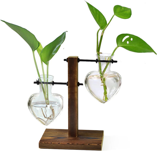 Plant Terrarium Wooden Stand, Hydroponic Planter Bulb Glass Metal Swivel Holder Retro Air Plants Water Plants for Home Office Decoration,Gifts for Plant Lover Wife Mom- 2 Love Bulb Vase