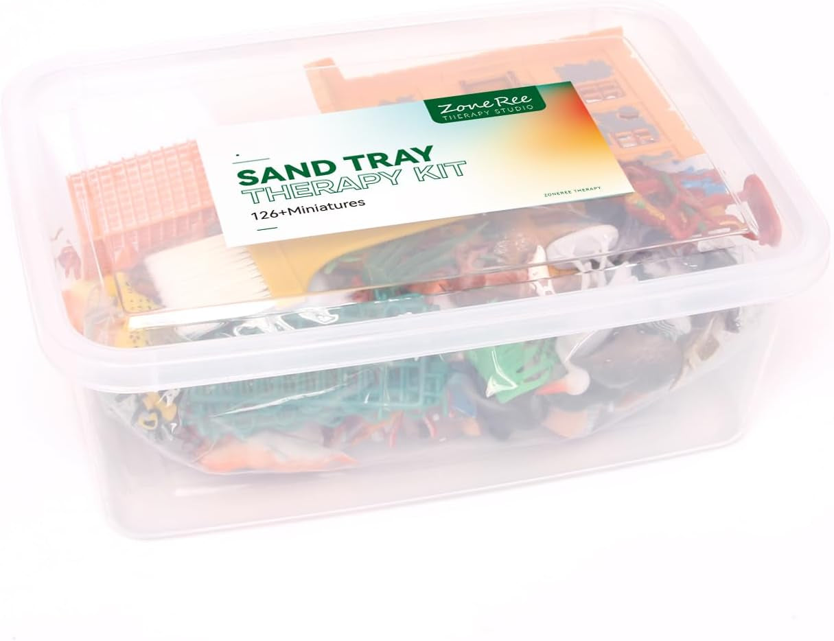 Portable Sand Tray Therapy Kit - 126 Pcs Animais E Casa Sandtray Miniatures (With Storage Box)