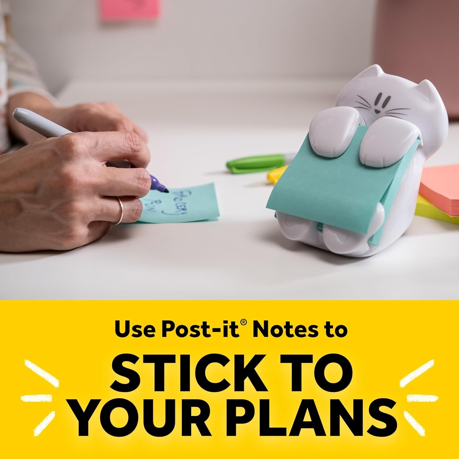 Dispenser, Sticky Note Holder, White Cat Design, Includes 45 Pop-Up Sheets of 3 in X 3 in Pink, Sticky Notes Holder for Desk, Classroom or Office Supplies