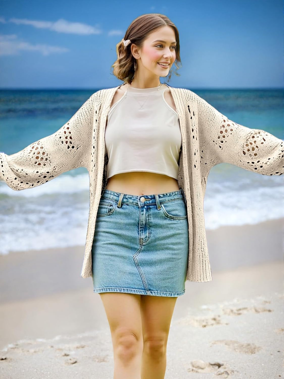 Womens Summer Crochet Lightweight Cardigan Sweaters Boho Kimono Long Sleeve Open Front Knitted Outwear Outfits