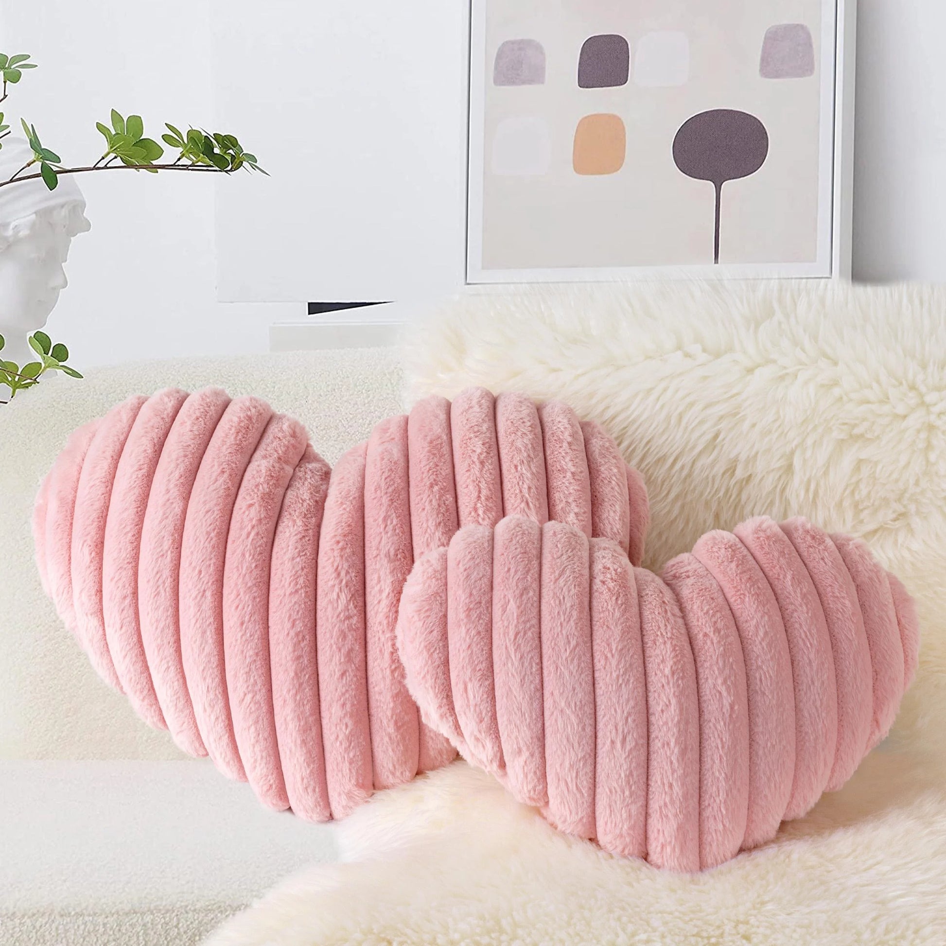 Heart Shaped Pillow, Set of 2, Heart Decorative Throw Pillows, Faux Fur Love Pillows Cute Pillow 20 & 16 Inches, Valentines Day Decorations, Wedding Decor, Pastel Pink