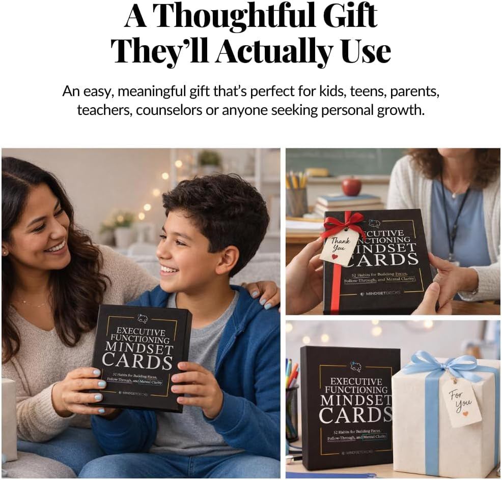 Executive Functioning Mindset Cards – 52 Daily Habit Cards for Focus, Organization & Follow through – for Kids, Teens & Adults – Includes Wooden Display Stand – Gift for Teachers & Parents
