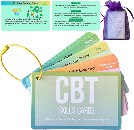 CBT Cards for Adults & Teens - 24 Cognitive Behavioral Therapy Flashcards for Anxiety, Depression & Stress Relief - Double-Sided Mental Health Coping Skills Tools with Portable Ring