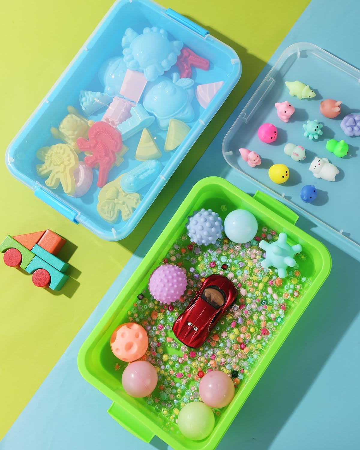 Sensory Bin Sand Tray with Lid for Toddlers 2 Pcs 15In Portable Sandbox Toy Large Plastic Tray for Kids 3 4 5 6 Fill with Sand, Water, Beads, and More (Green+Blue)