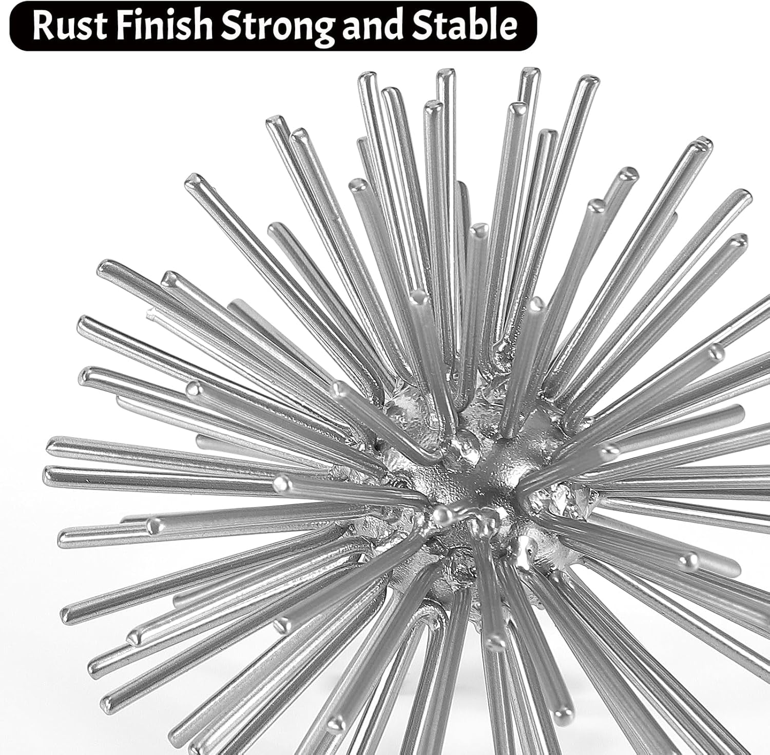 Silver Sphere Decor, Metal Starburst Tabletop Sculpture Decor, Mid-Century Modern Metal Starburst Centerpiece, Spike Ball Decoration for Home, Coffee Table Decor