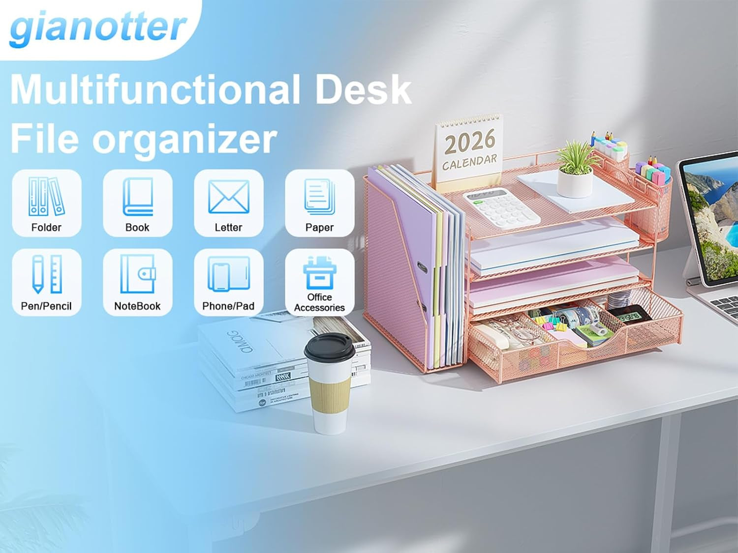Desk Organizers and Accessories with File Holder, 4-Tier Desk Accessories & Workspace Organizers with Drawer and 2 Pen Holder, Paper Organizer for Office Supplies (Rose Gold)