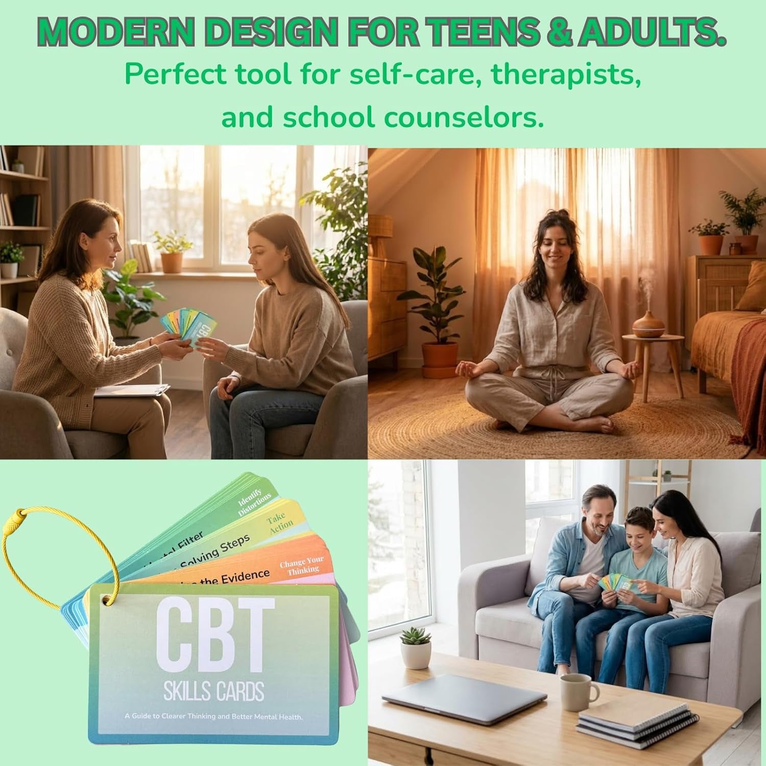 CBT Cards for Adults & Teens - 24 Cognitive Behavioral Therapy Flashcards for Anxiety, Depression & Stress Relief - Double-Sided Mental Health Coping Skills Tools with Portable Ring