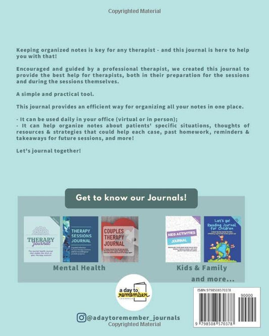 A Therapist Journal: a Workbook That Helps You Plan for & Track Your Sessions - a Therapist Tools Essential Item (Therapy Journals)